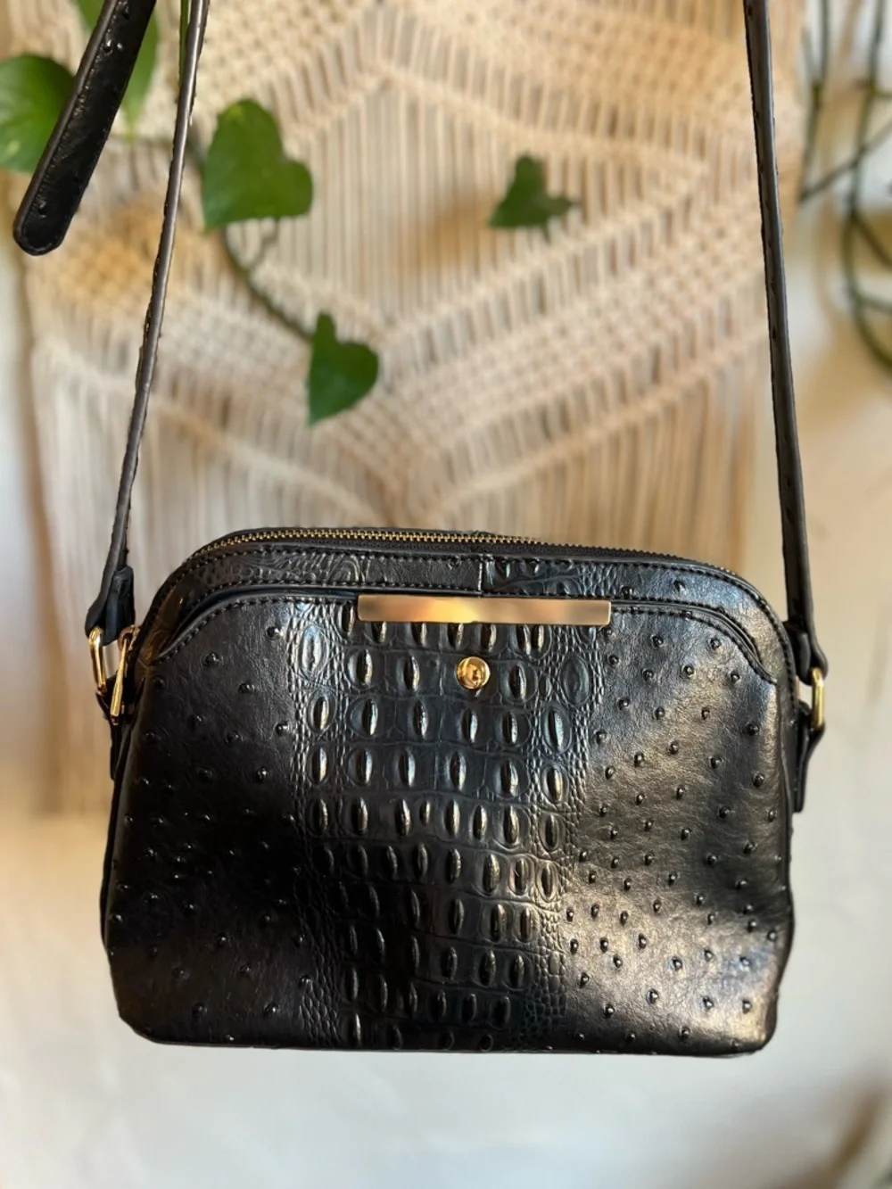 Vintage Black Embossed Leather Croc Ostrich Crossbody Bag Gold Hardware 90s